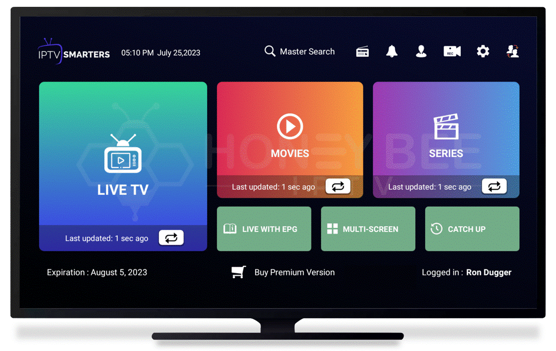 Streamza IPTV UK service displaying live BBC, Sky and BT Sport channels on a Smart TV